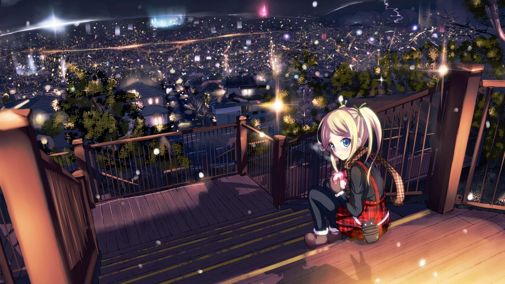 Anime girl sitting on a wooden deck overlooking a city at night HD Wallpaper
