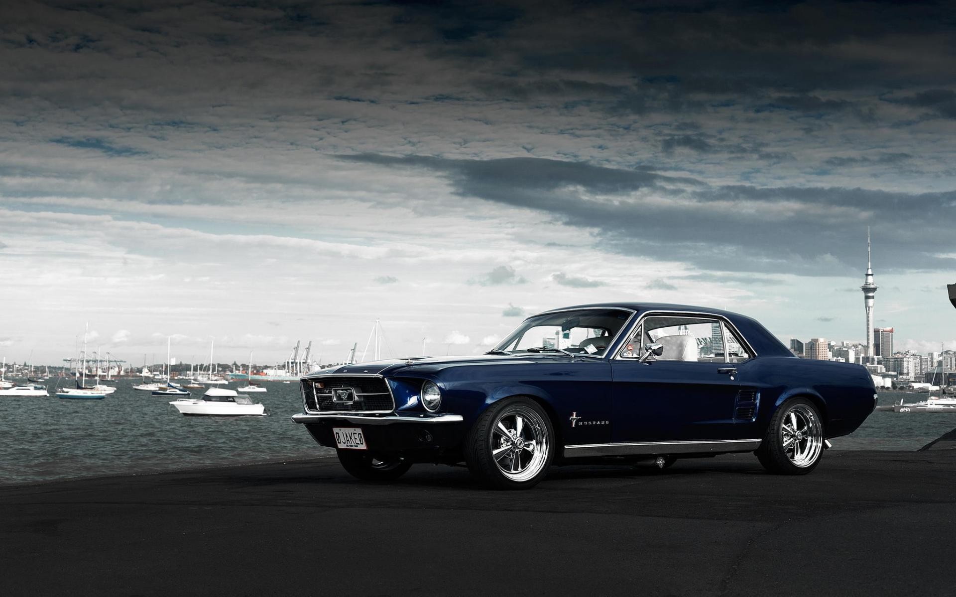 Blue Ford Mustang parked by the water with city skyline HD Wallpaper