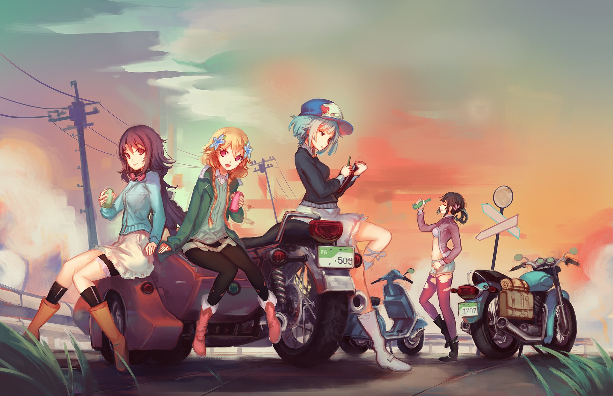 The Rolling Girls characters with motorcycles and a car HD Wallpaper