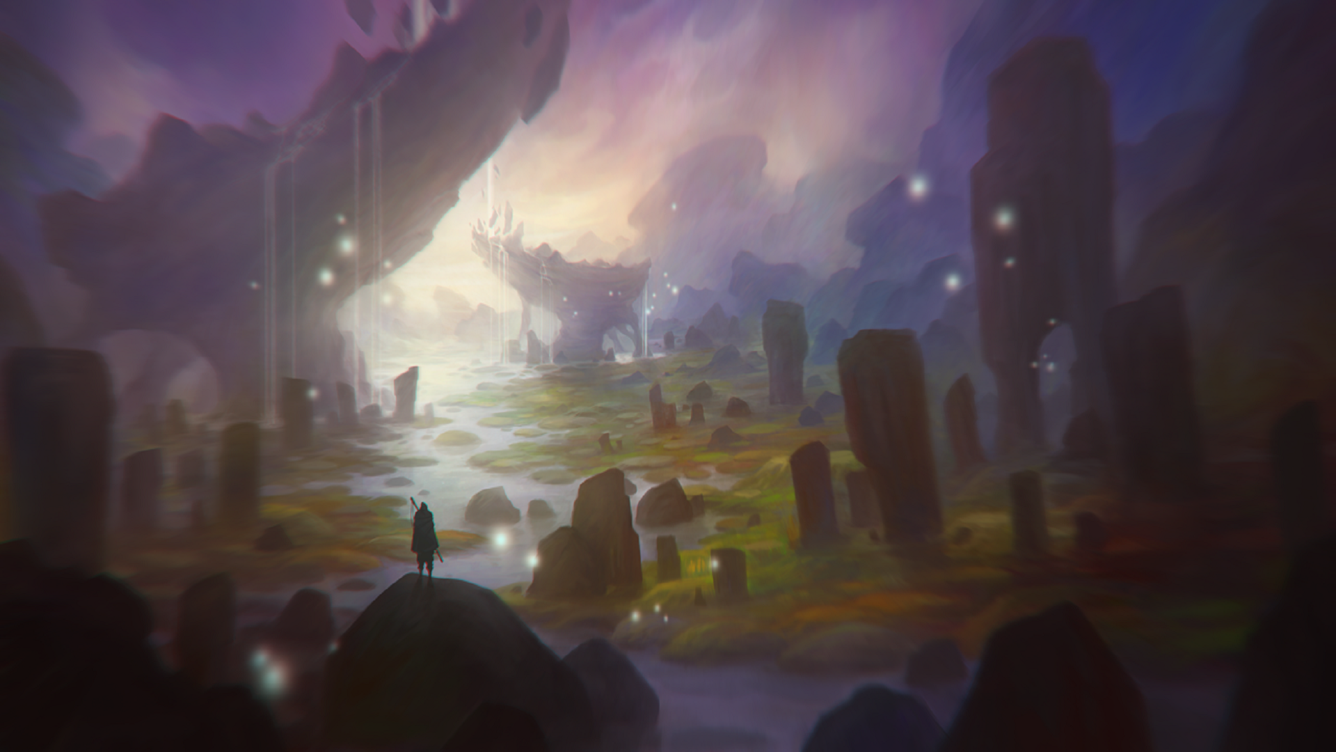 Fantasy valley with standing stones and a lone figure HD Wallpaper