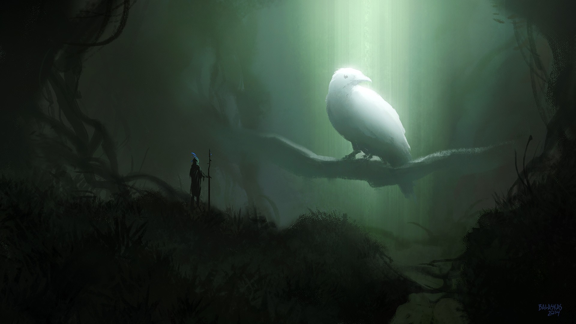 Fantasy art of a white owl and a wizard HD Wallpaper