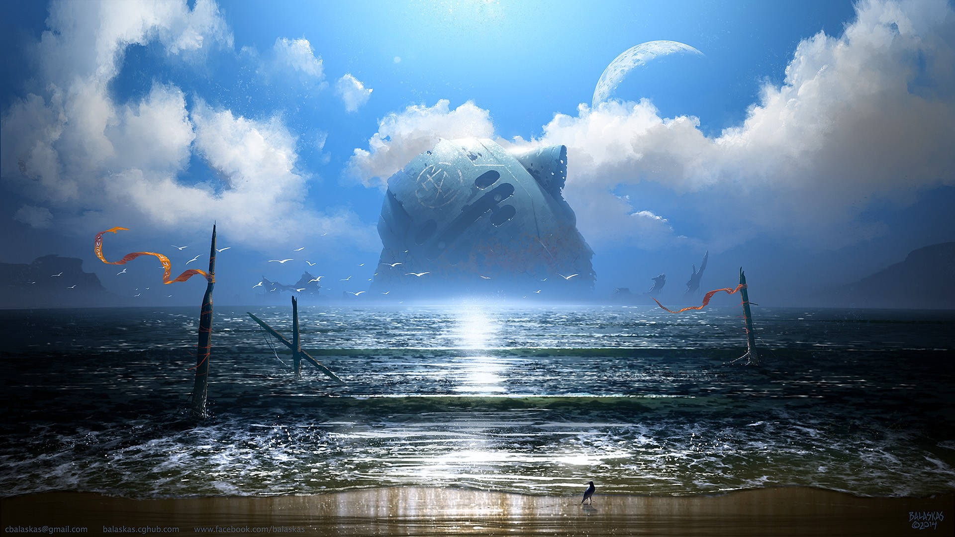 Giant wreck in the sea with a moon in the sky HD Wallpaper