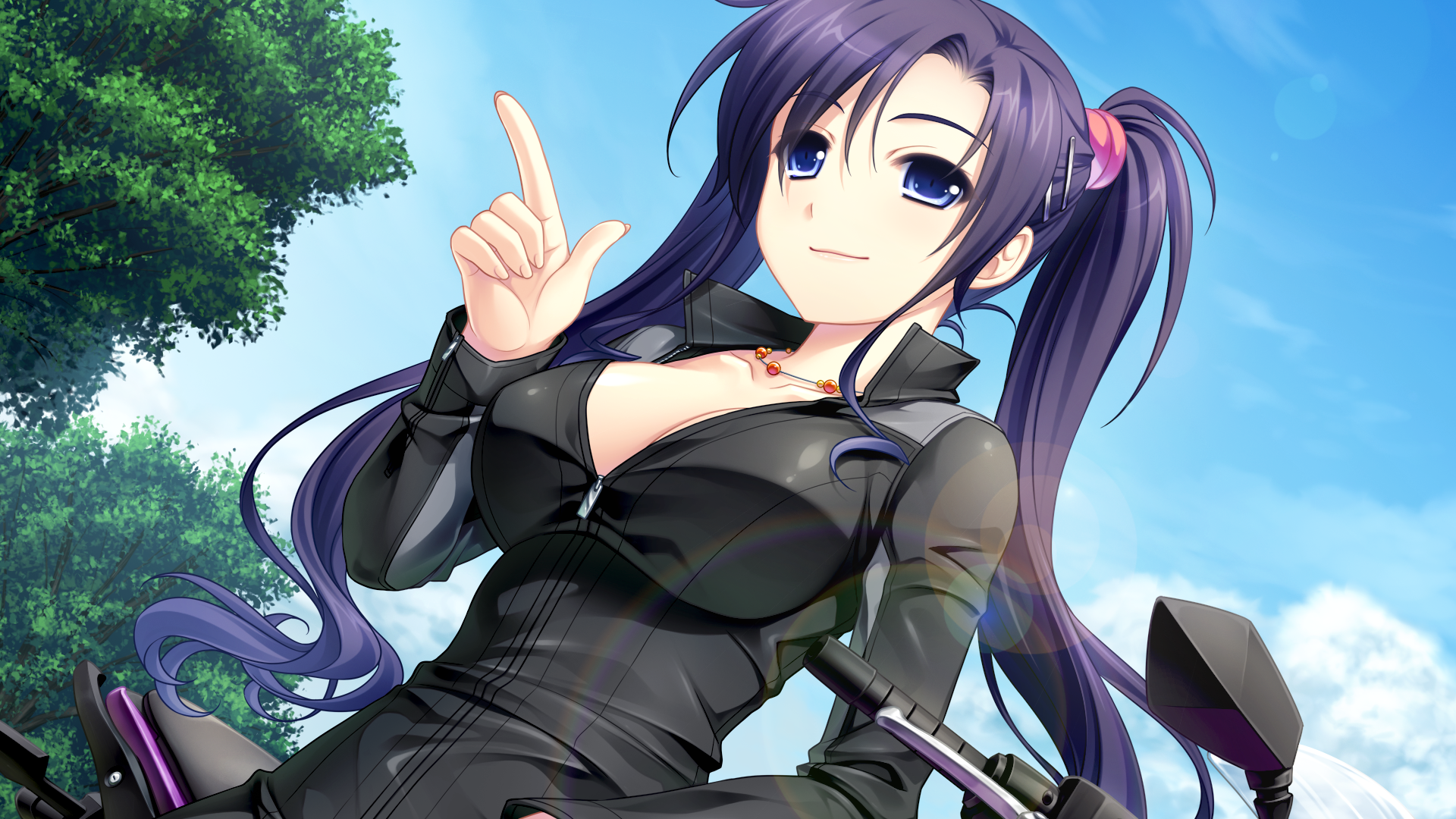 Anime girl with long purple hair on a motorcycle HD Wallpaper