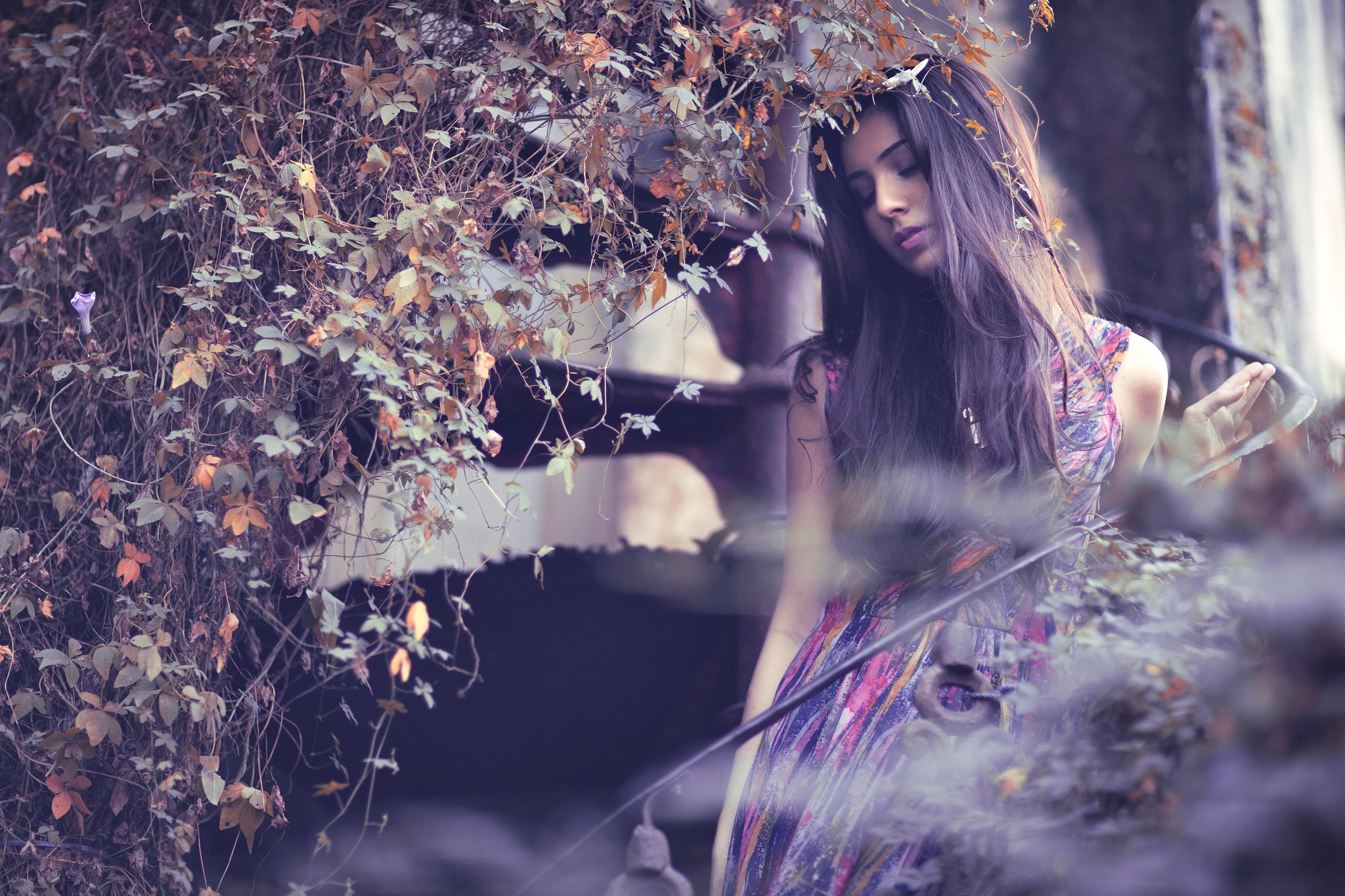 Woman with long hair on a staircase HD Wallpaper
