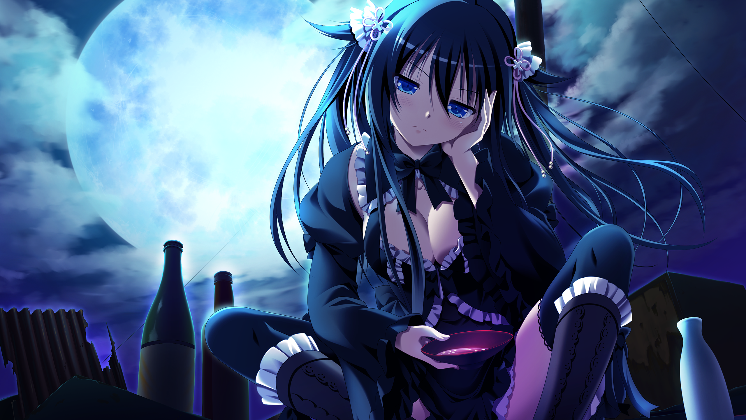 Anime girl with long hair sitting at night HD Wallpaper