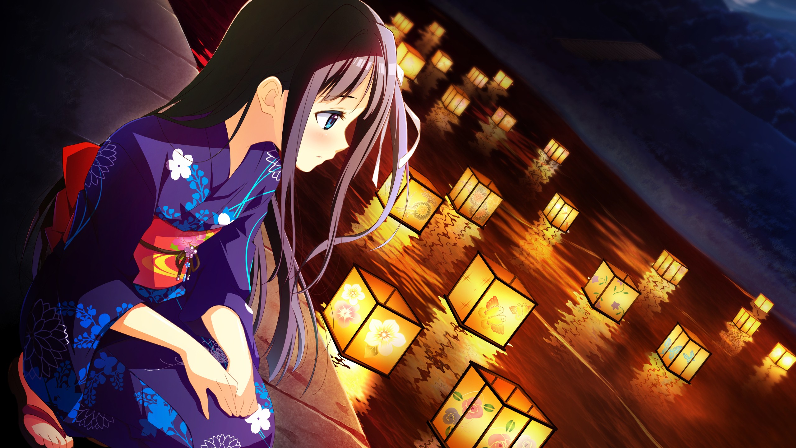 Anime girl in kimono with lanterns HD Wallpaper