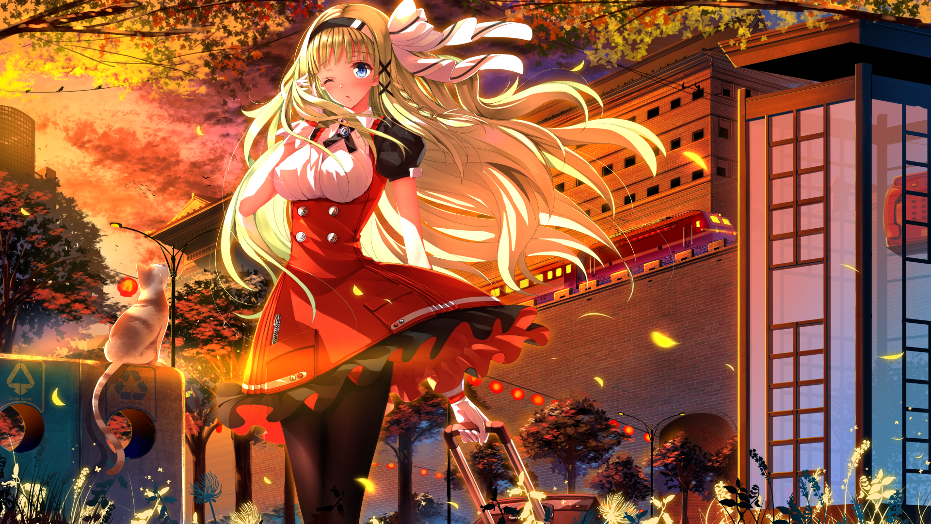 Anime girl in red dress with long blonde hair HD Wallpaper