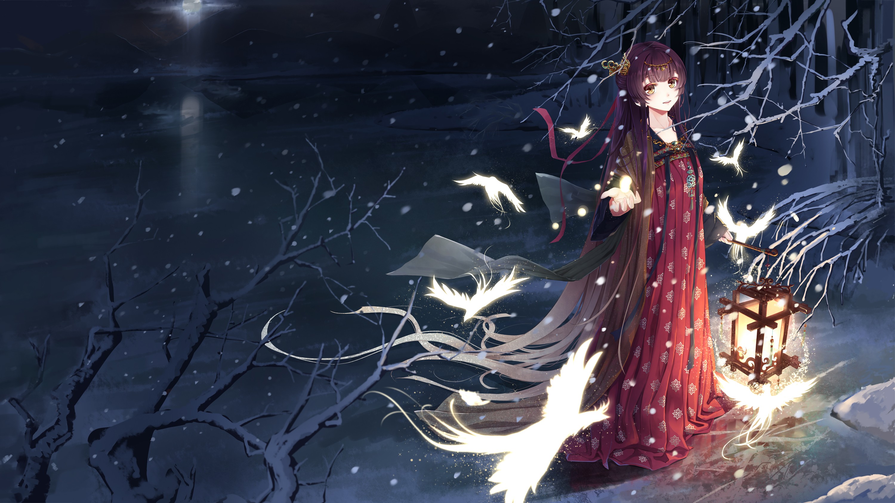 Anime girl with long hair in snow with birds HD Wallpaper