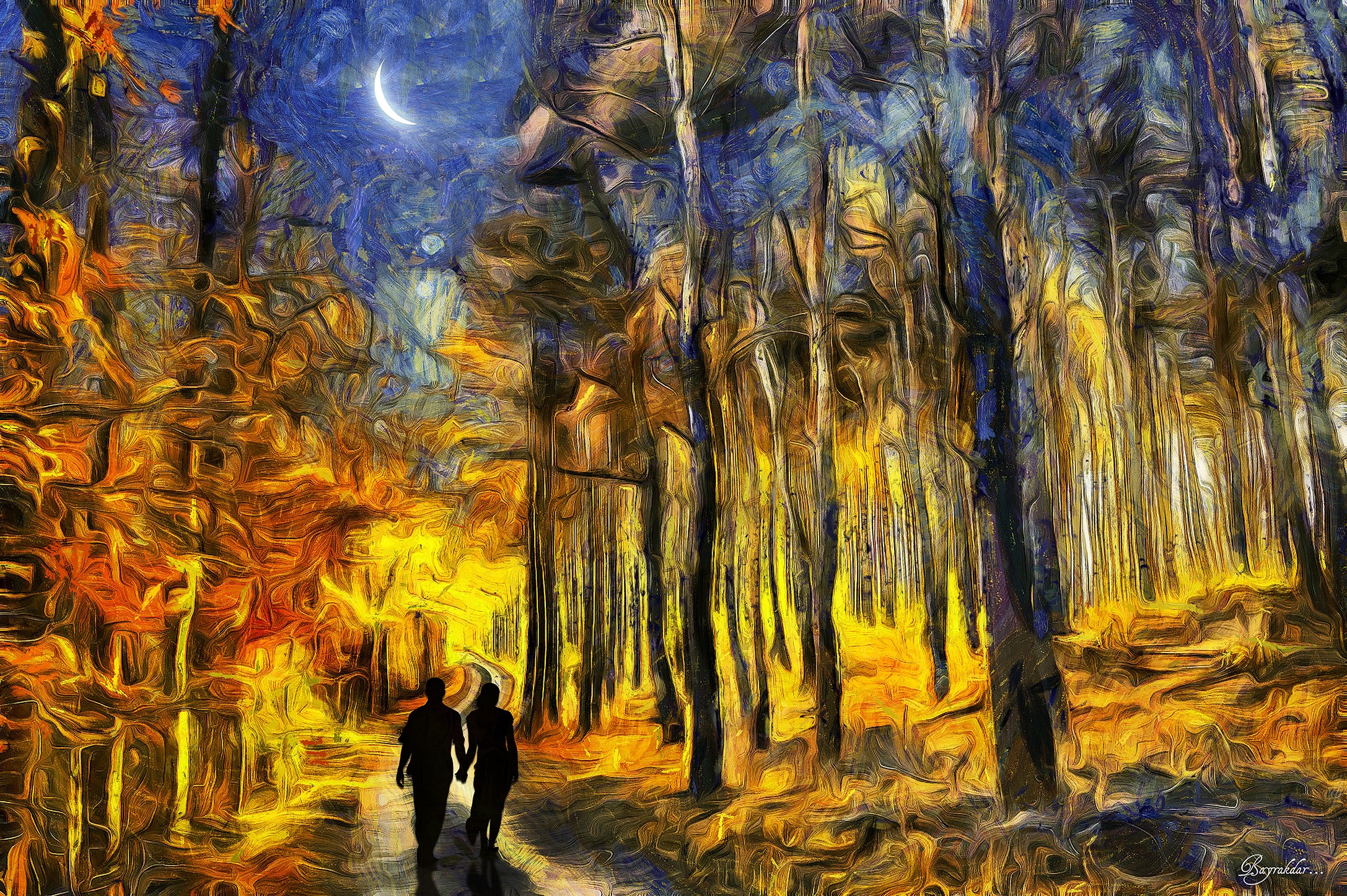 Surreal painting of a couple walking in a forest under a crescent moon HD Wallpaper