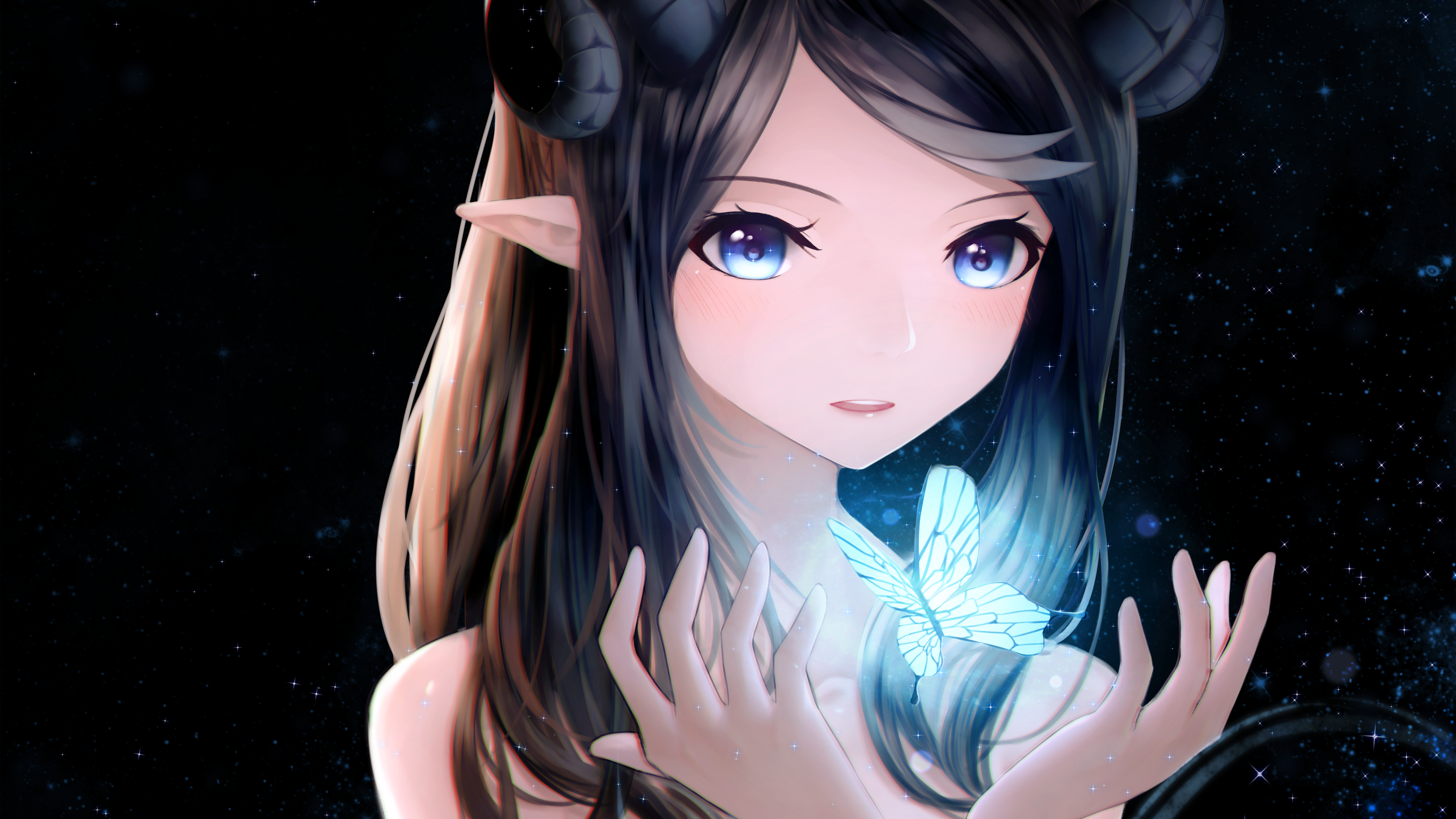 Anime girl with horns and butterfly HD Wallpaper