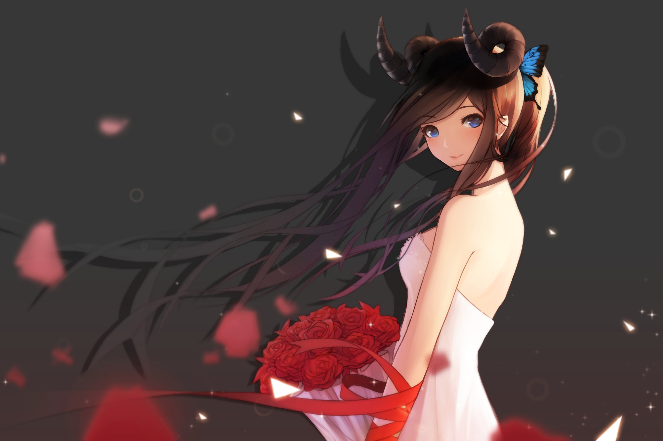 Anime girl with horns and roses HD Wallpaper