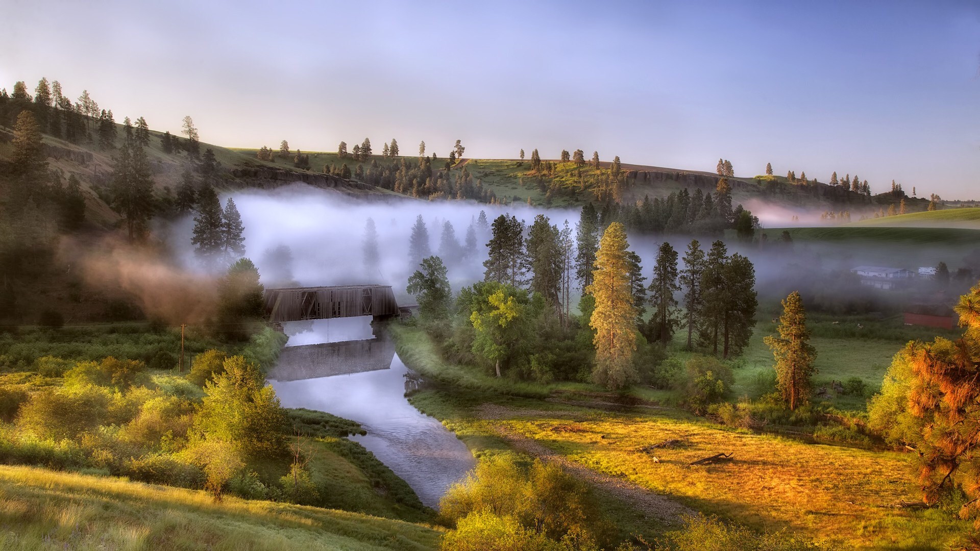 Misty morning over a river and bridge HD Wallpaper