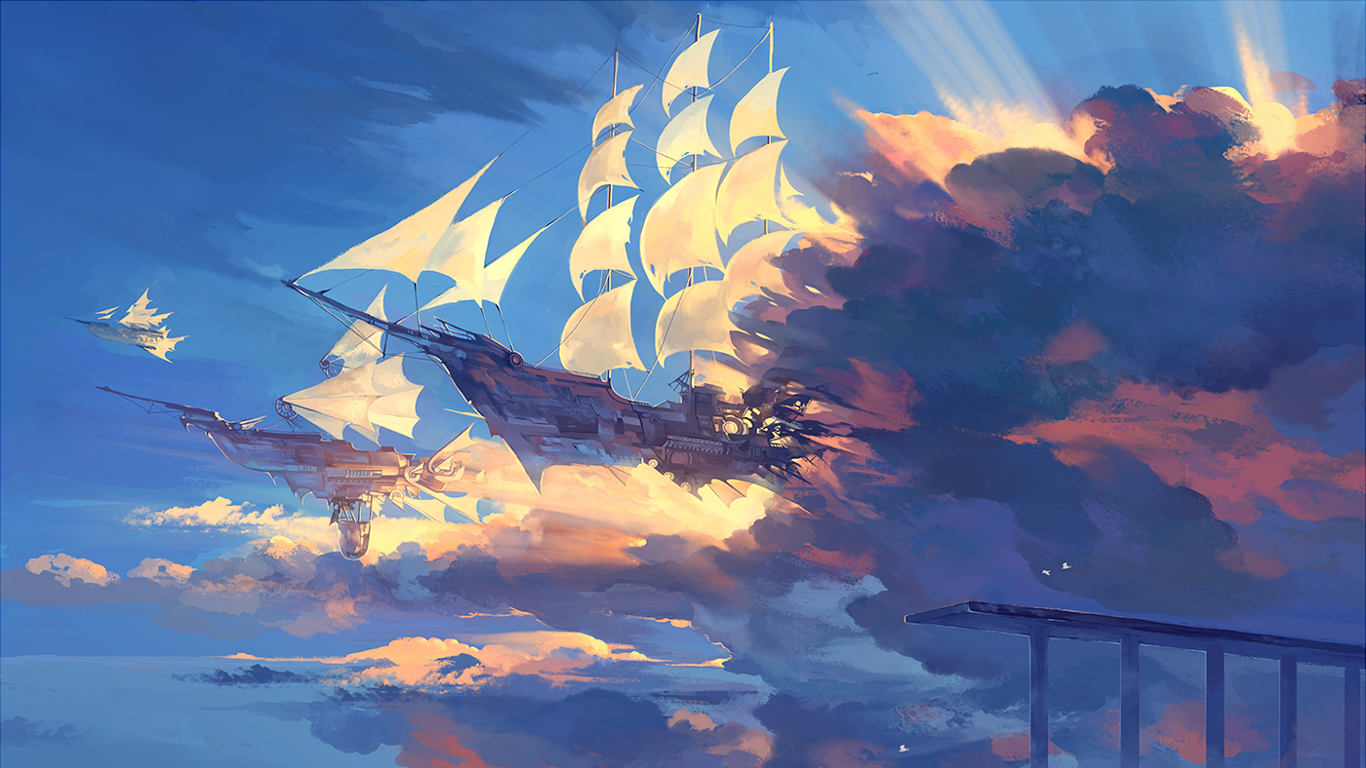 Fantasy sailing ships flying through clouds with sun rays HD Wallpaper