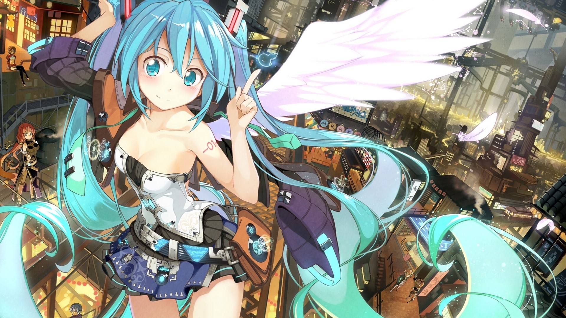 Hatsune Miku with Wings in a Futuristic City HD Wallpaper
