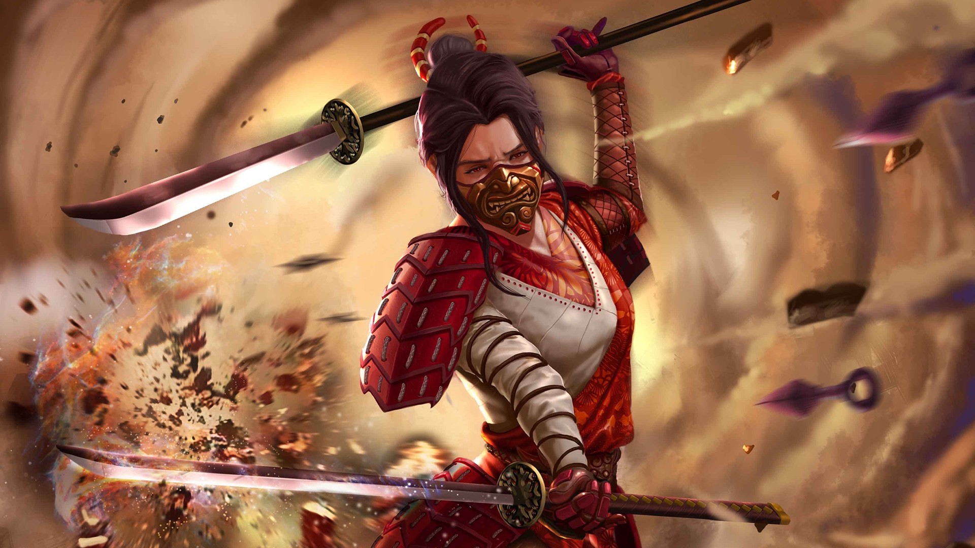 Samurai warrior in red armor with two swords HD Wallpaper