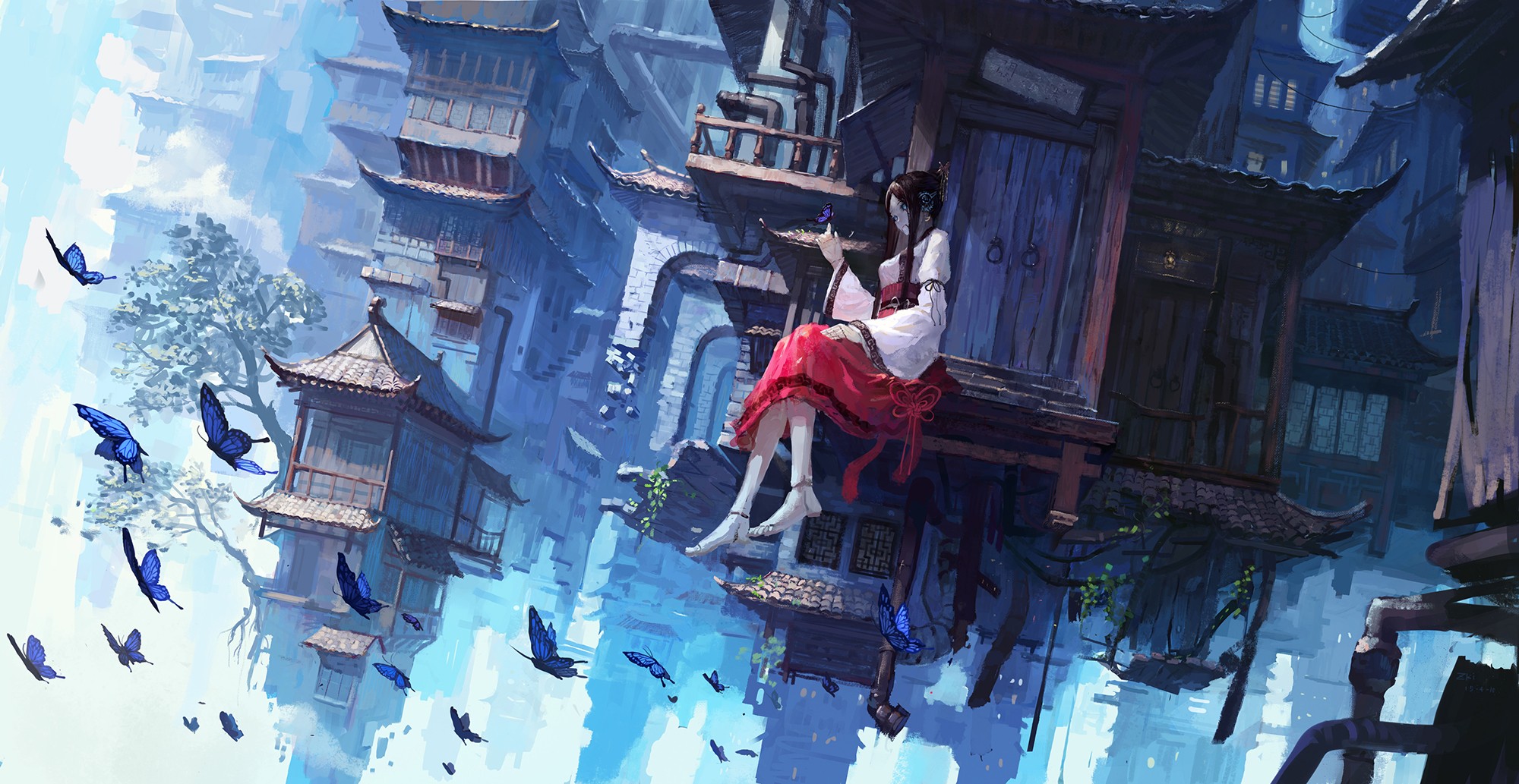 Fantasy art of a woman and butterflies in a floating city HD Wallpaper