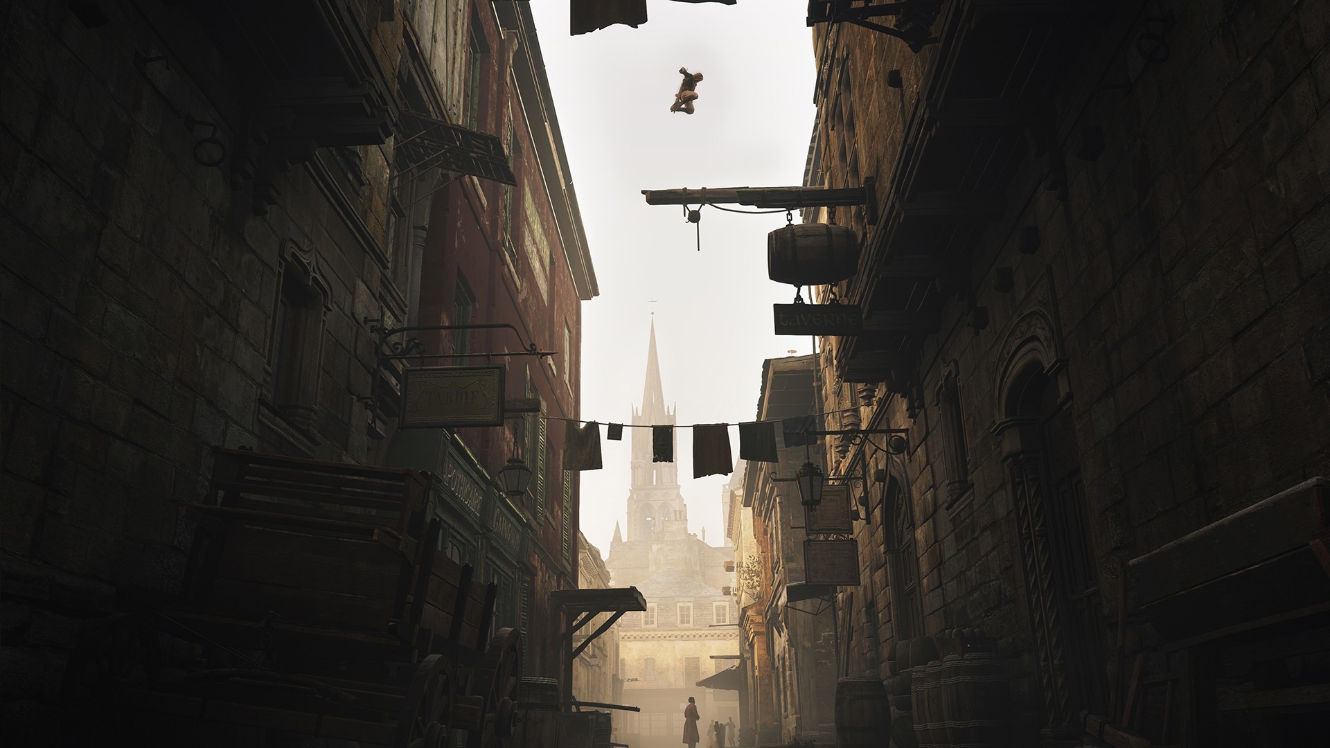 Assassin's Creed Chronicles: A man leaps between buildings in a narrow alley. HD Wallpaper