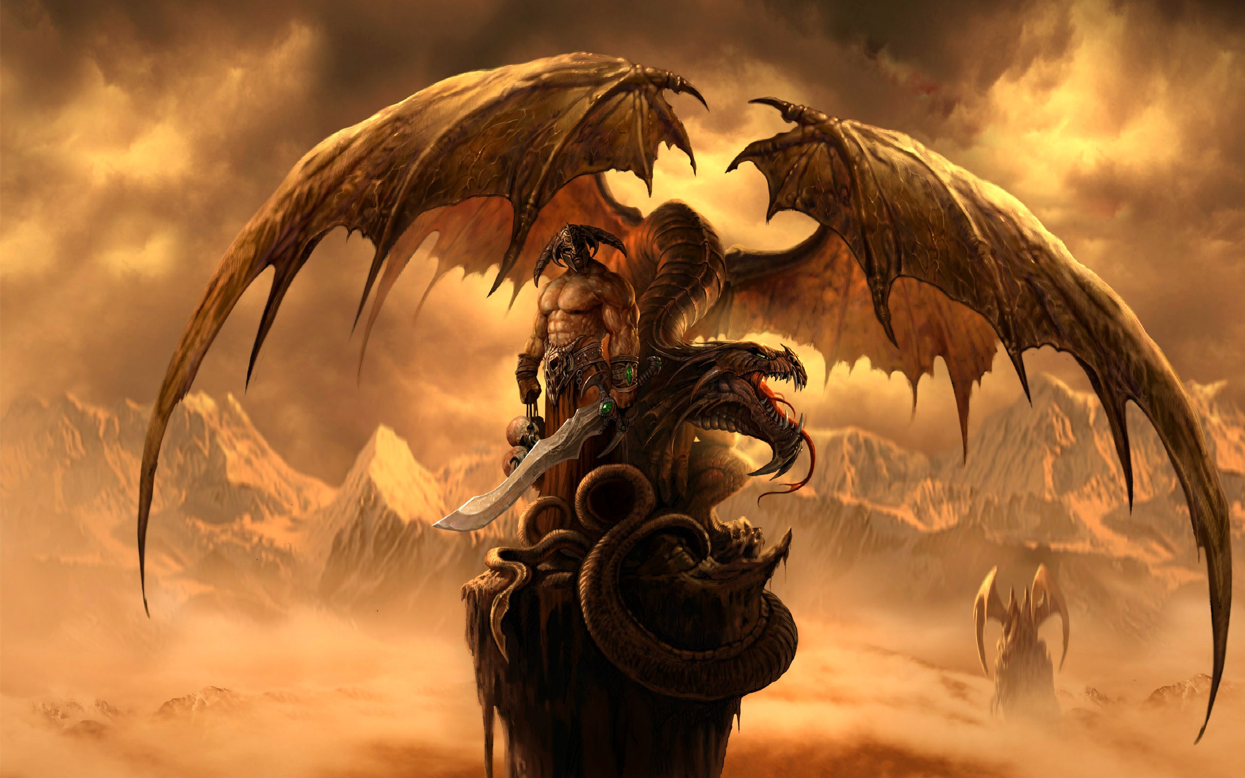 Fantasy art of a warrior with a dragon HD Wallpaper