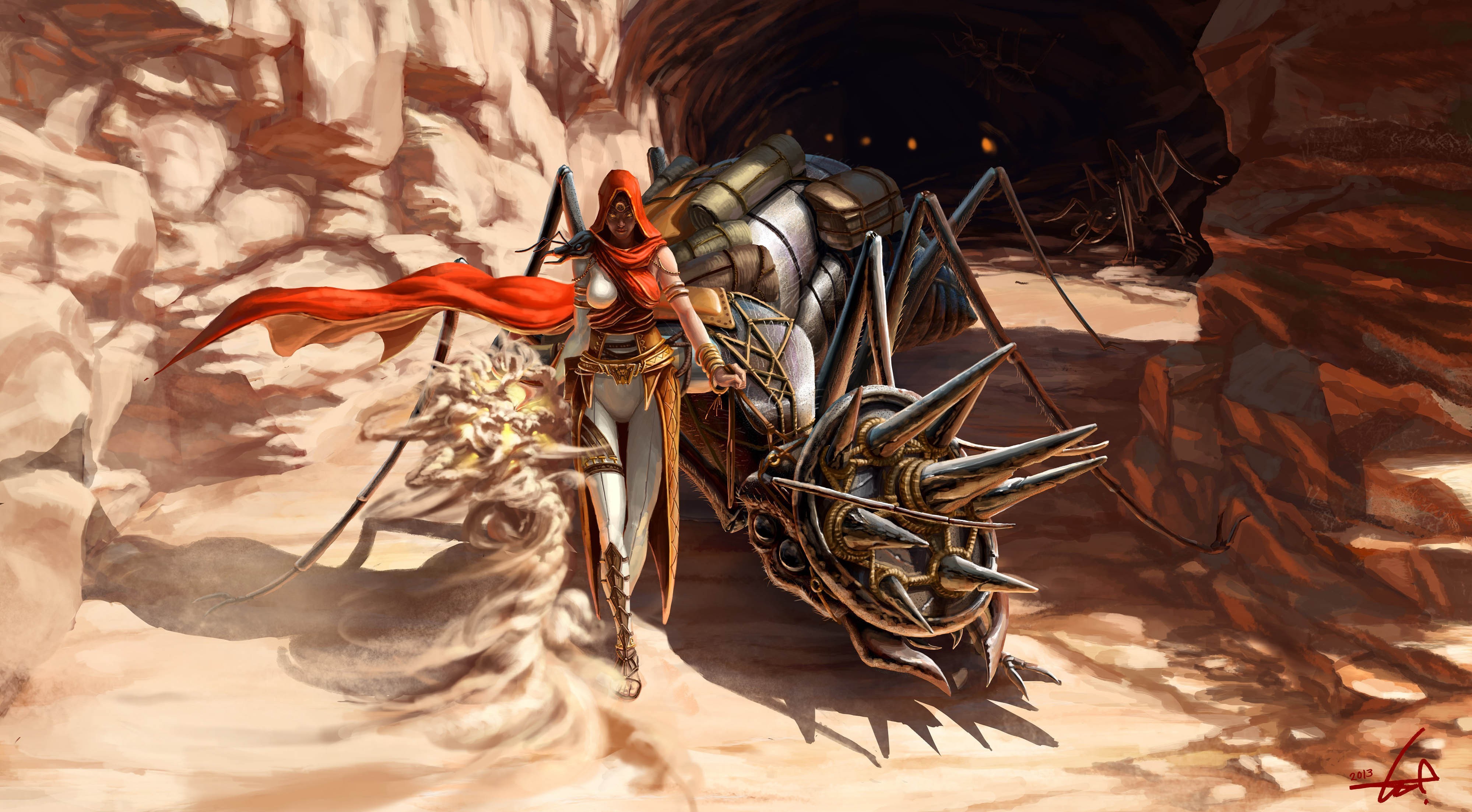 Fantasy art of a woman and a mechanical spider in a desert cave HD Wallpaper