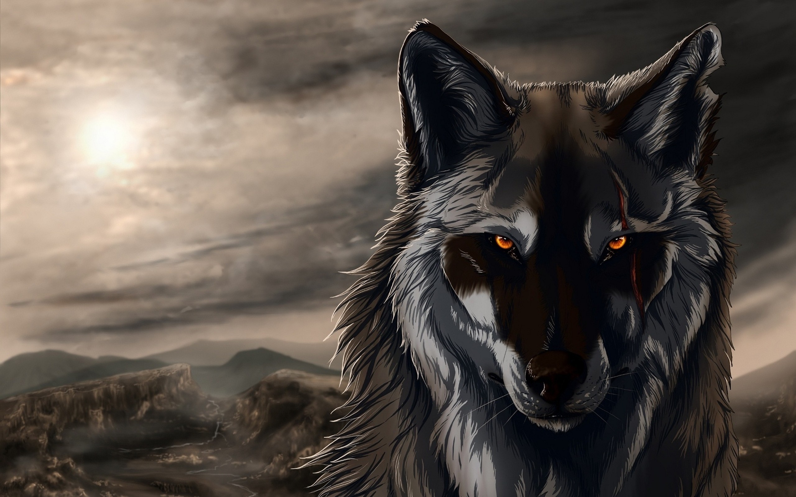 Digital art of a wolf with glowing eyes HD Wallpaper