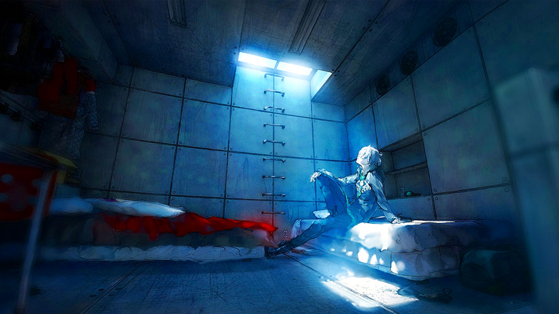 Anime character sitting in a dimly lit room with sun rays HD Wallpaper