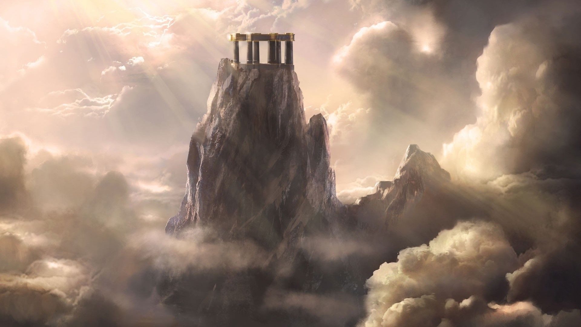 Temple on a mountain peak above the clouds HD Wallpaper