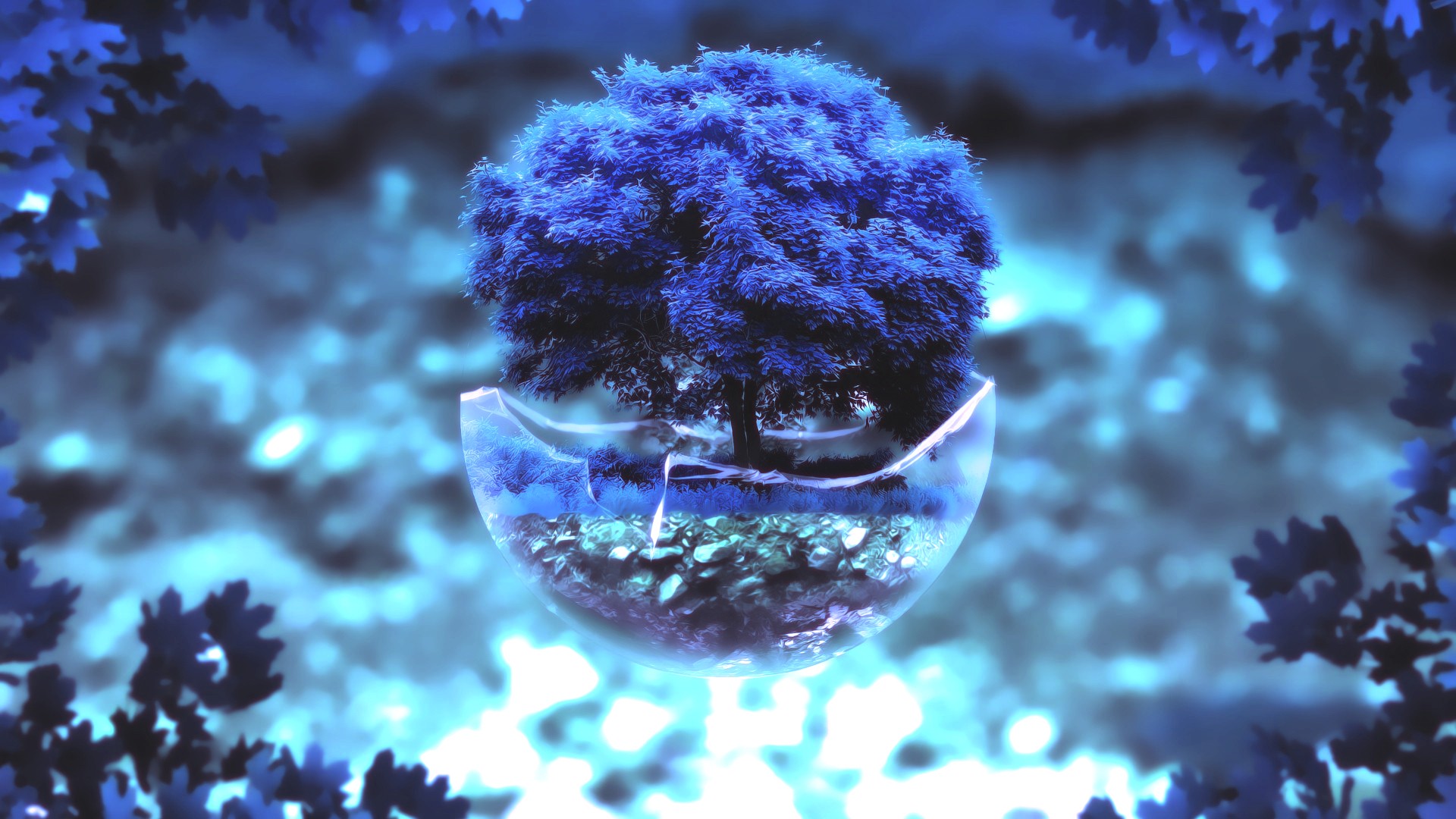 Blue tree in a glass orb with glowing background HD Wallpaper