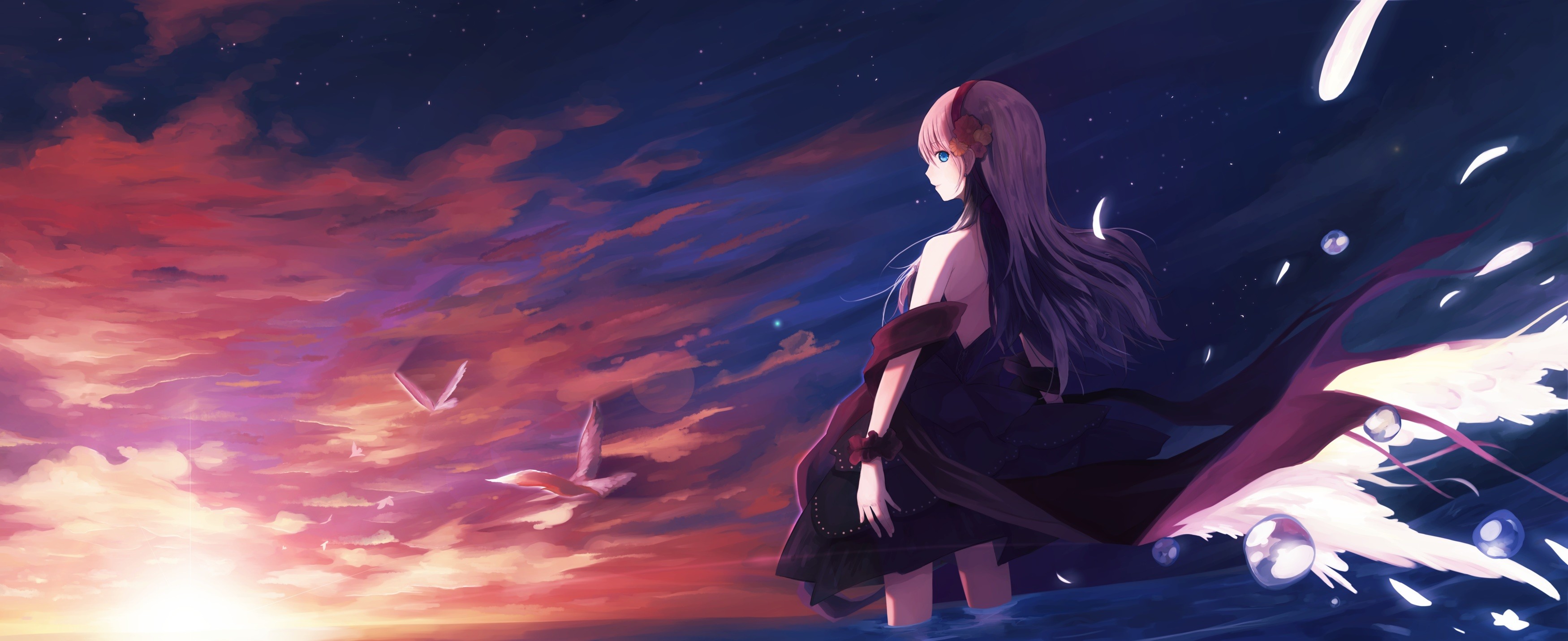 Megurine Luka standing in water with birds and sunset HD Wallpaper