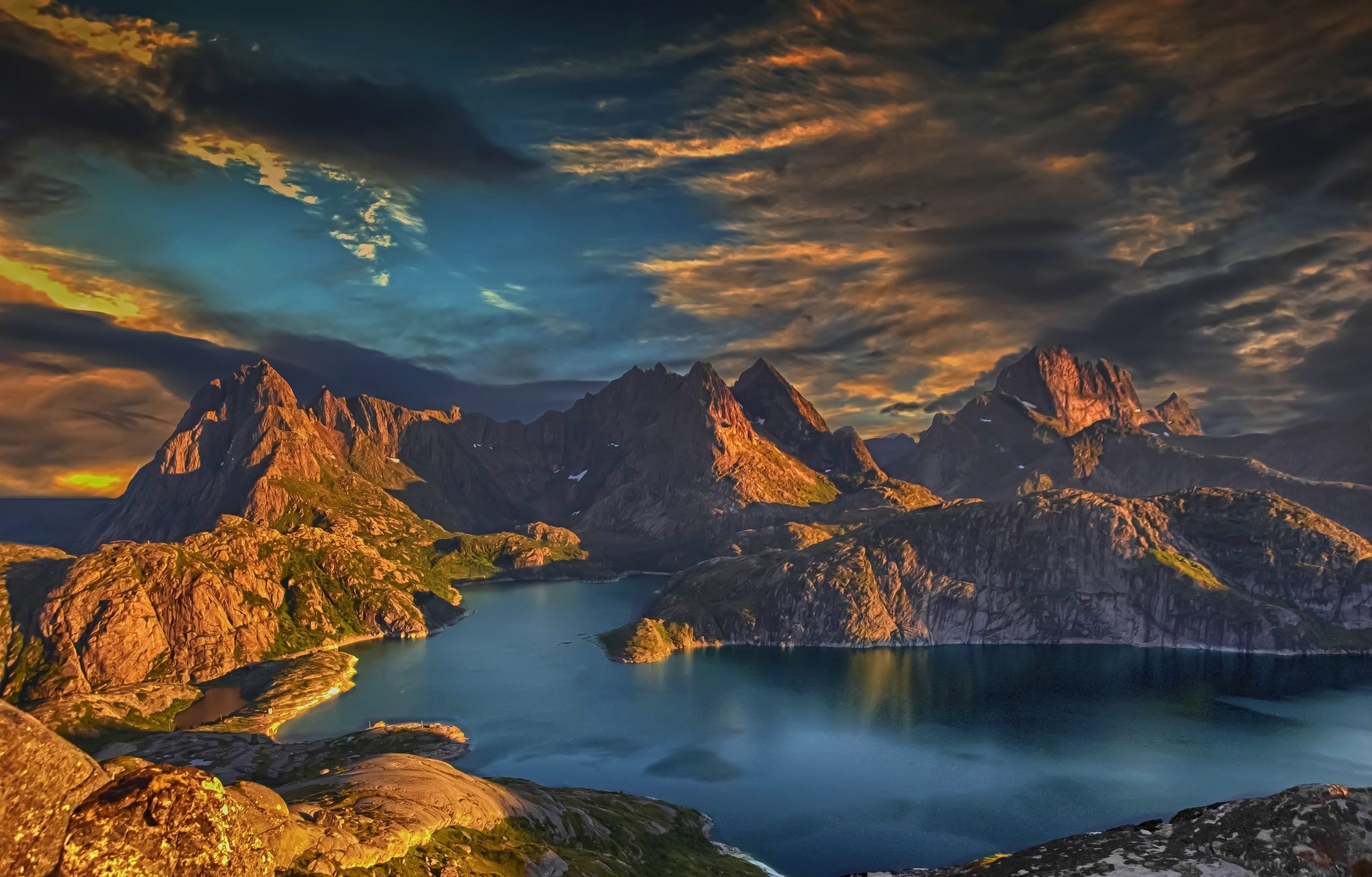 clouds, Lofoten, water, landscape, bay, island, nature, Norway, sunset, sea, mountains HD Wallpaper