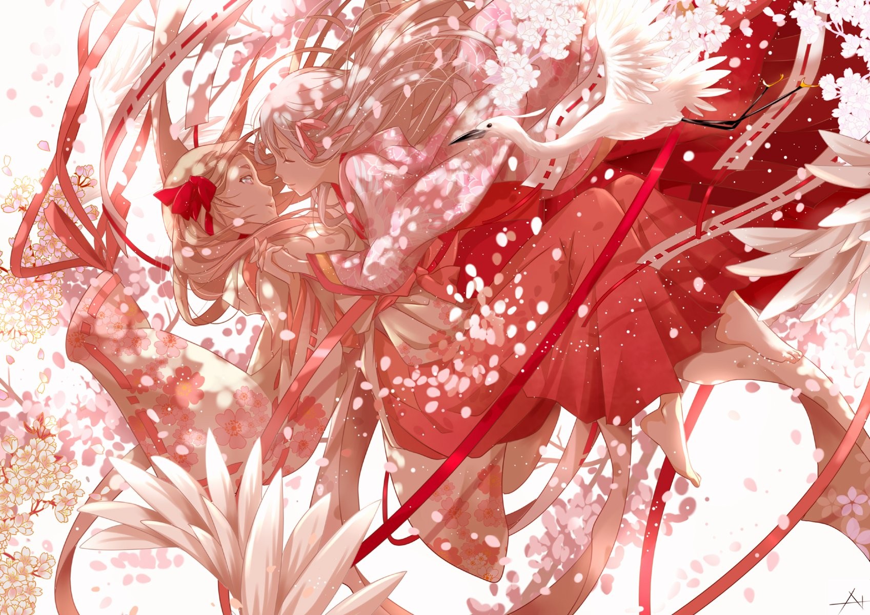 Two anime girls in kimonos with cherry blossoms and a crane HD Wallpaper