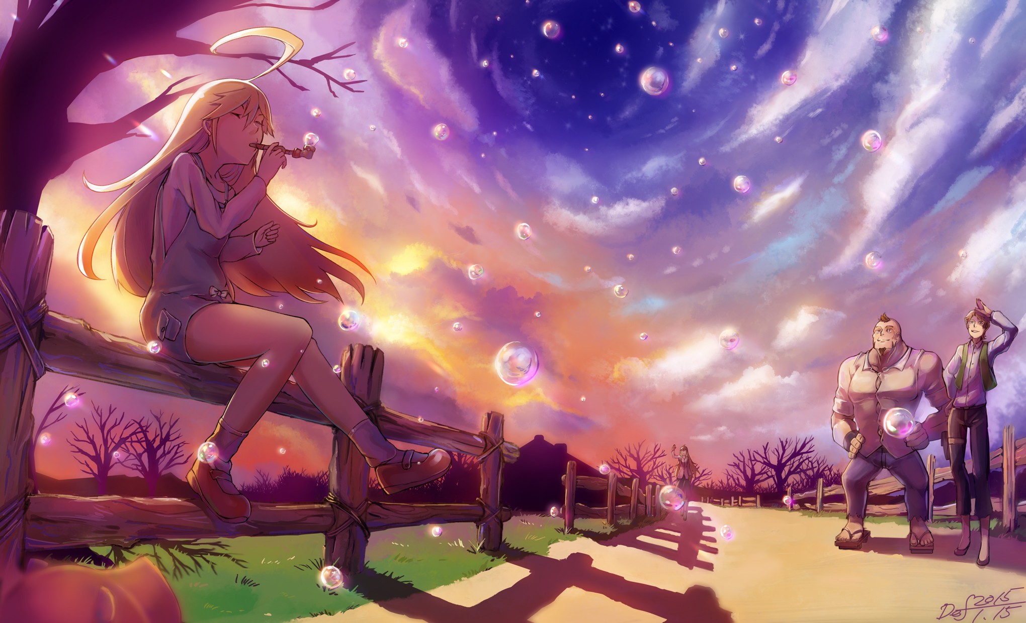 Yoru no Yatterman characters blowing bubbles at sunset HD Wallpaper
