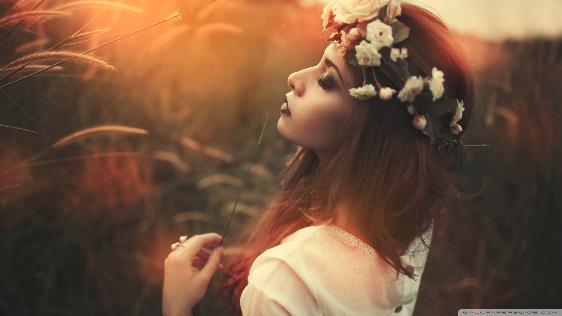 Woman with flower crown in a field HD Wallpaper