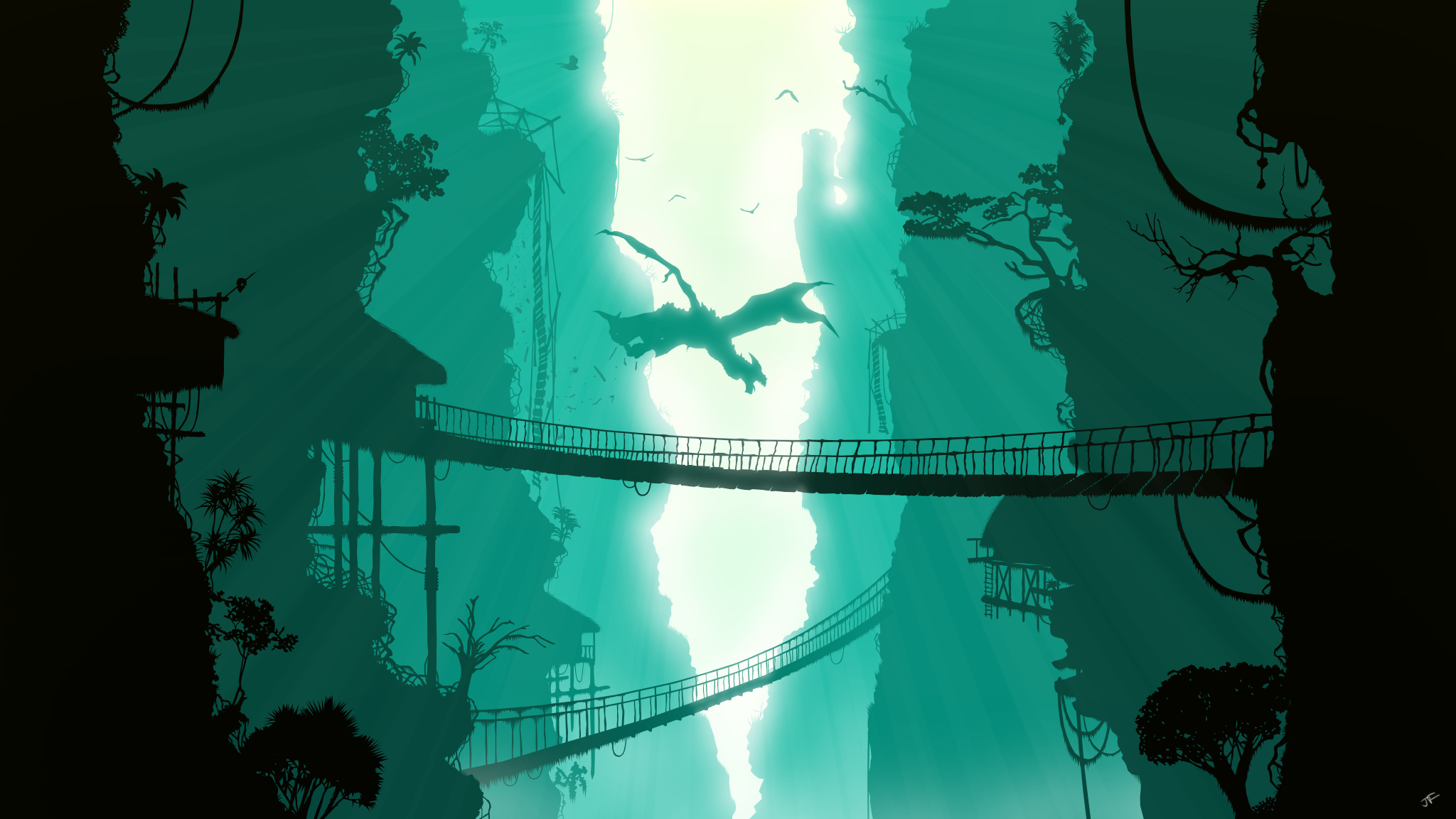Dragon flying over jungle bridges with glowing light HD Wallpaper