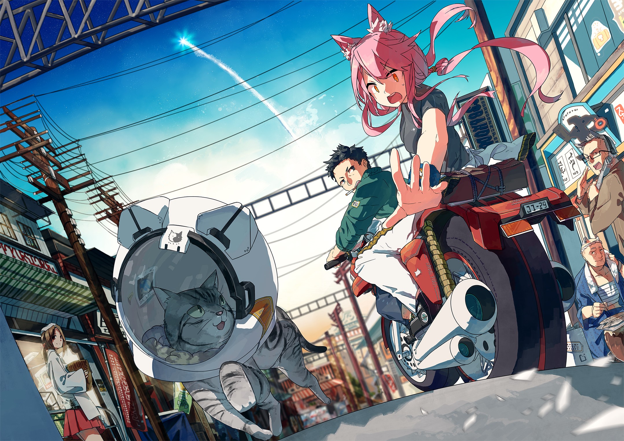 Cat in a helmet and girl on a motorcycle HD Wallpaper