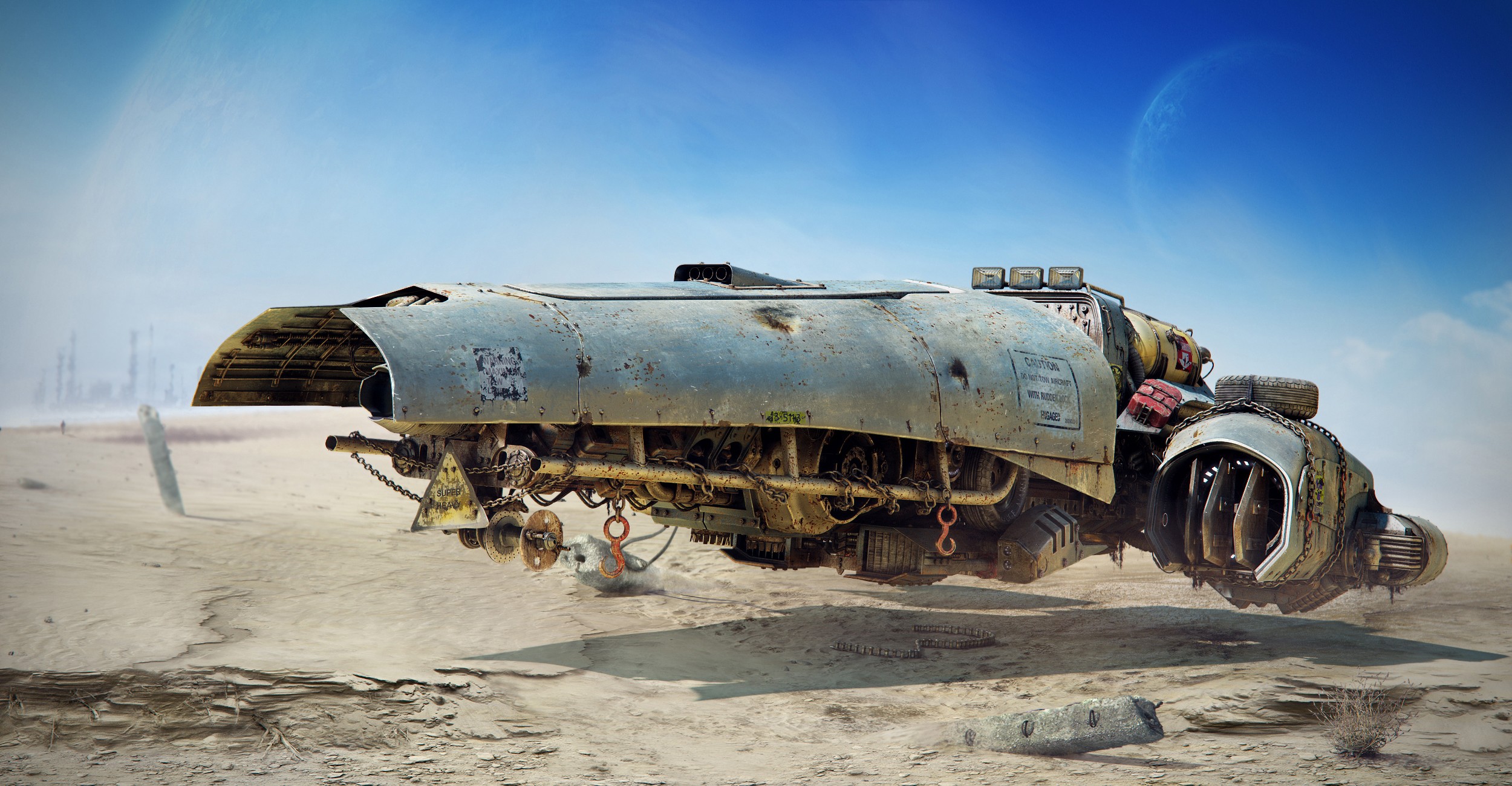 Futuristic hovercraft in a desert landscape HD Wallpaper