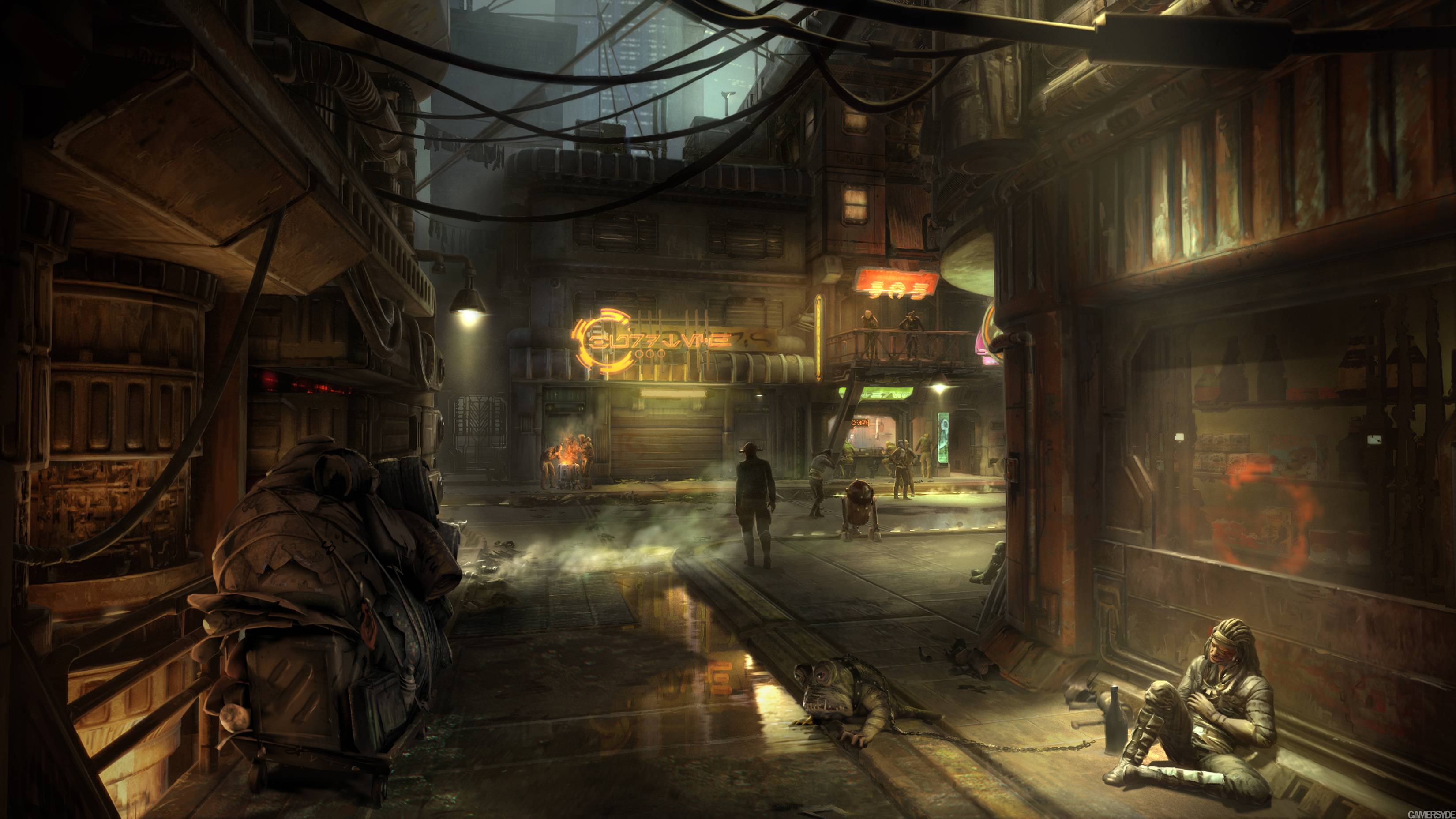 Star Wars Cyberpunk Alley with Droids and People HD Wallpaper