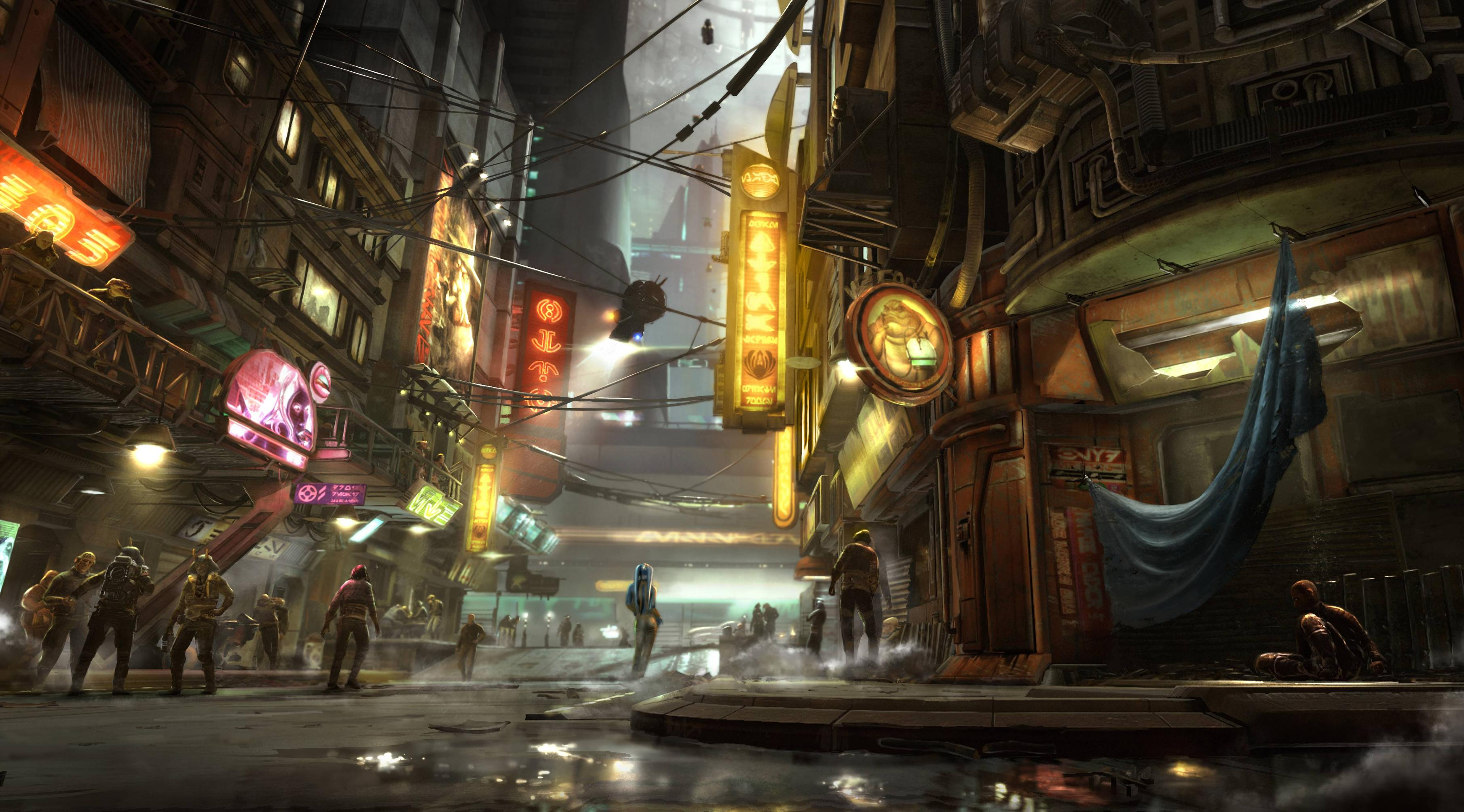 Star Wars cyberpunk city street scene HD Wallpaper