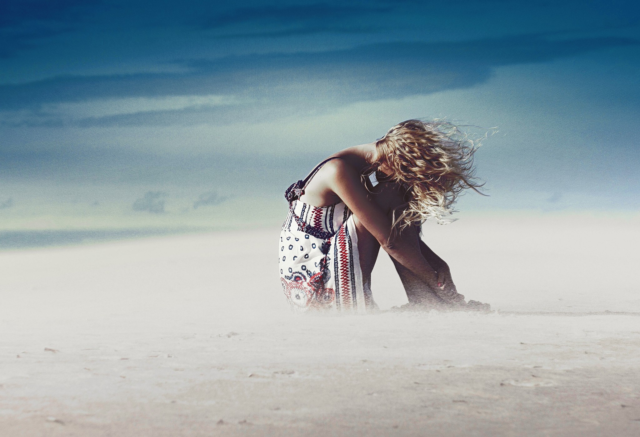 Woman in a dress in a sandstorm HD Wallpaper