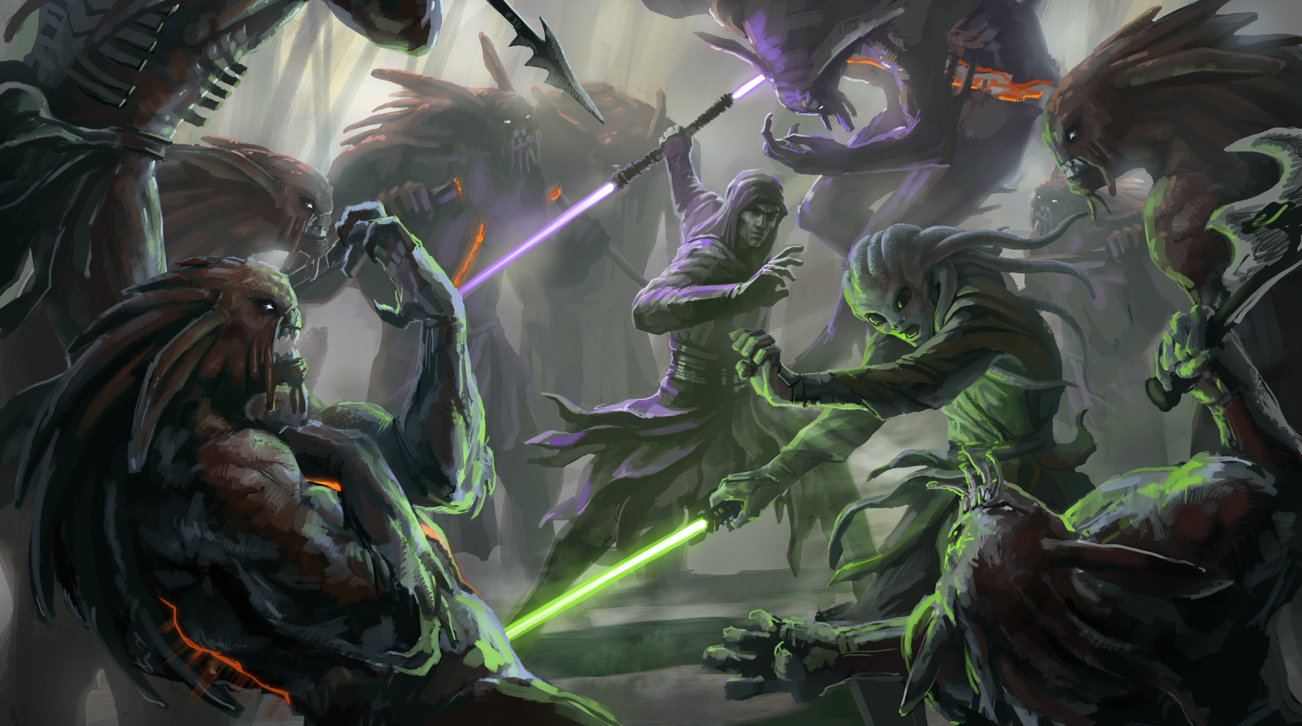Star Wars characters fighting with lightsabers HD Wallpaper