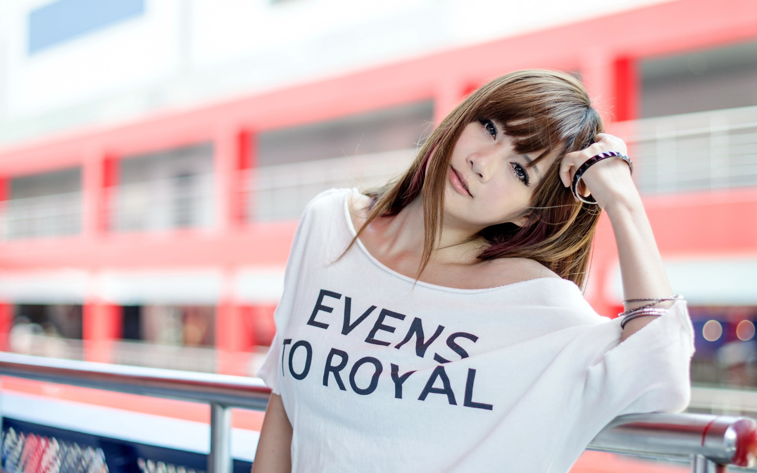 Asian woman with bracelets wearing a white t-shirt HD Wallpaper