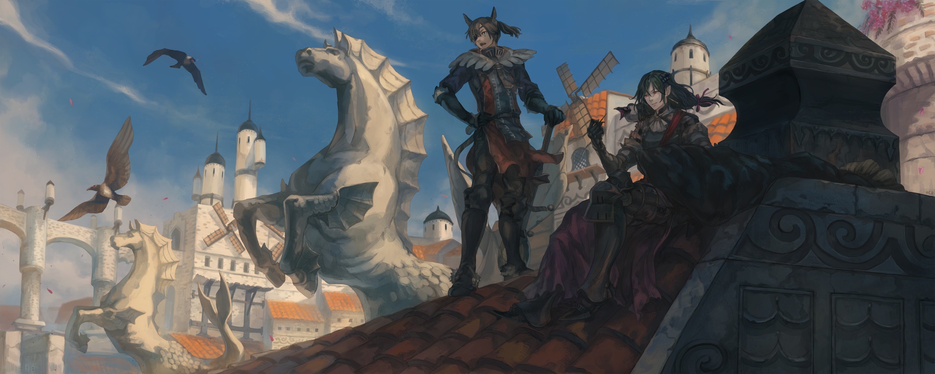 Pixiv Fantasia characters on a rooftop with birds HD Wallpaper