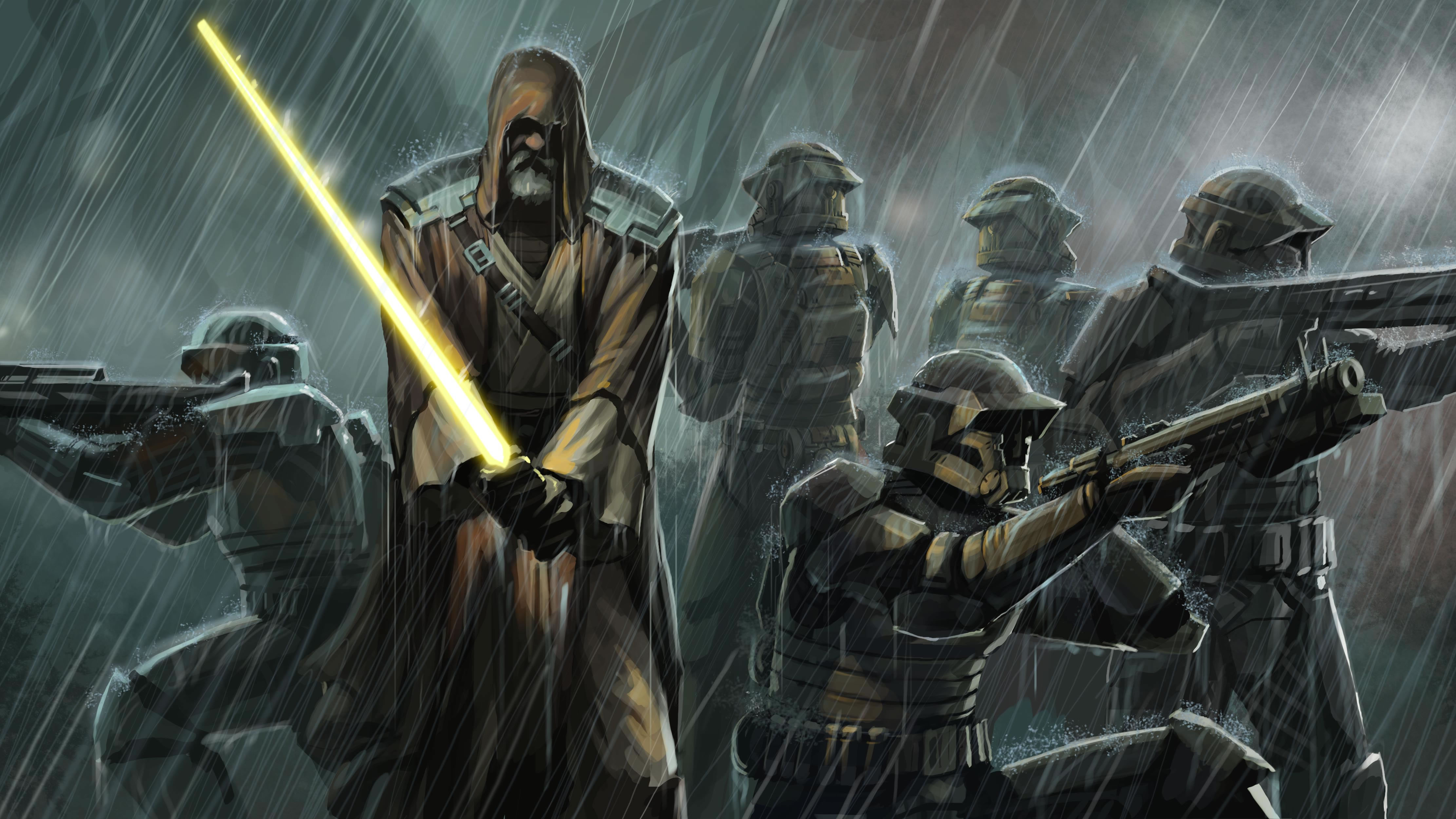 Star Wars Jedi and soldiers in the rain HD Wallpaper