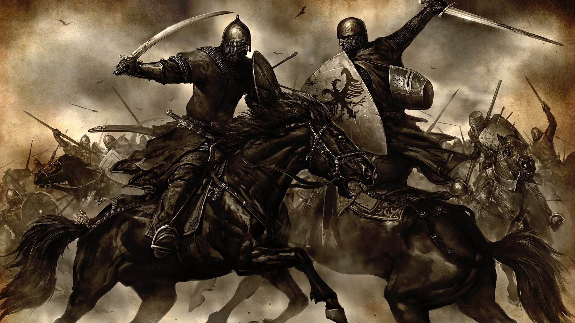 Knights on horseback in battle HD Wallpaper
