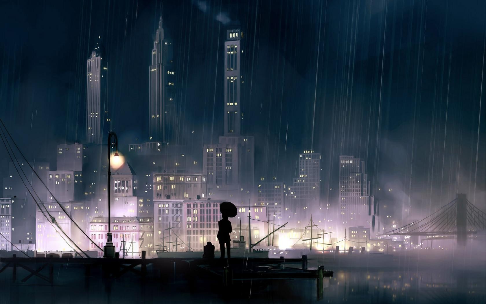 Rainy cityscape with a person holding an umbrella HD Wallpaper