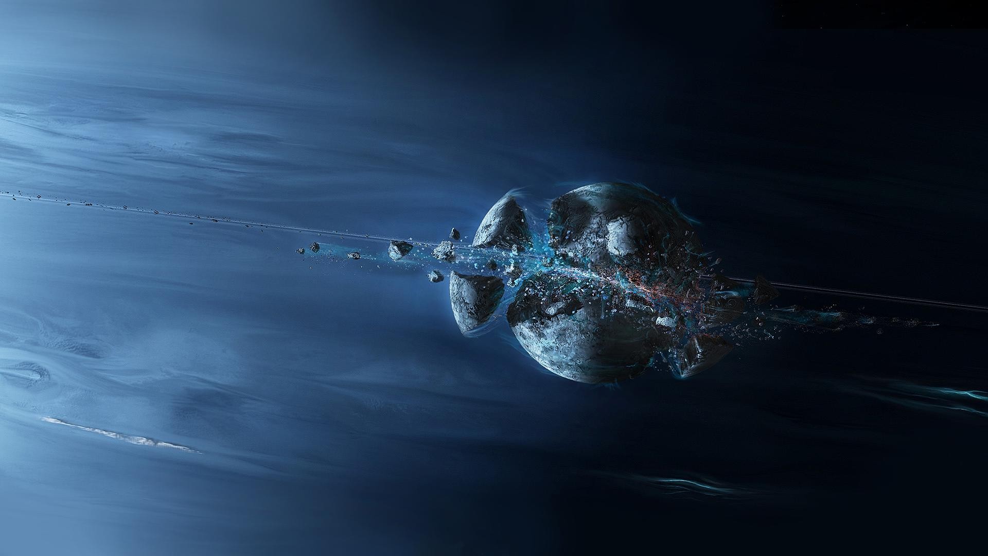 Planet shattering in deep space with debris ring HD Wallpaper