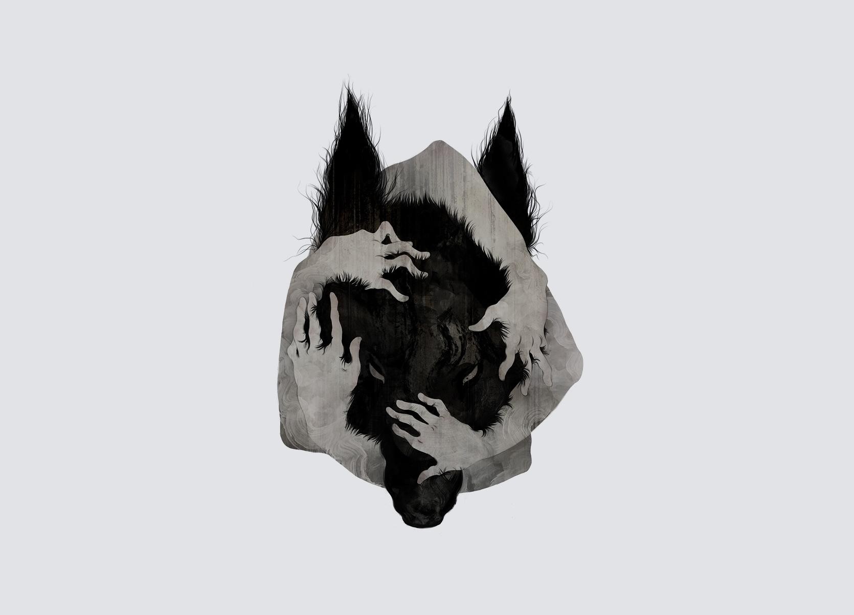 Wolf head with hands covering its face HD Wallpaper