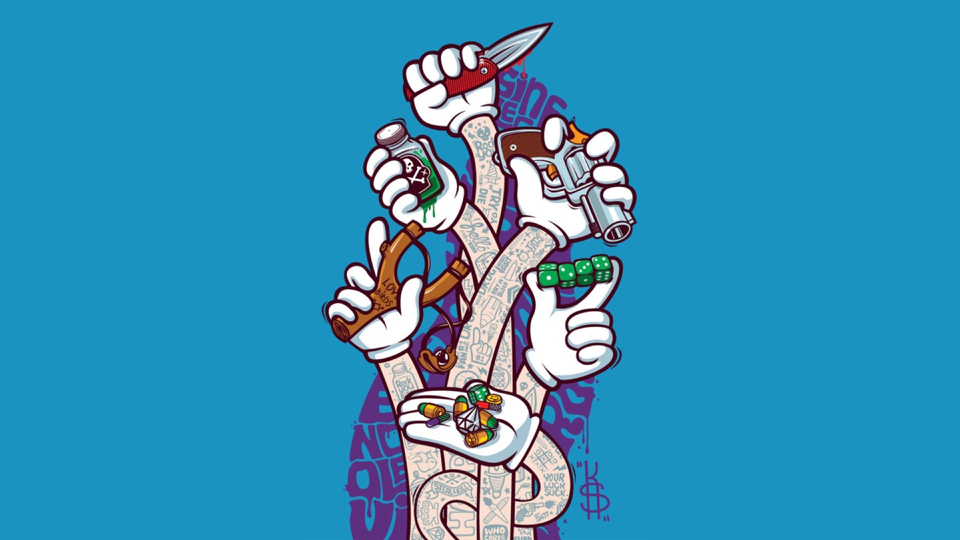 Cartoon hands holding weapons and drugs HD Wallpaper