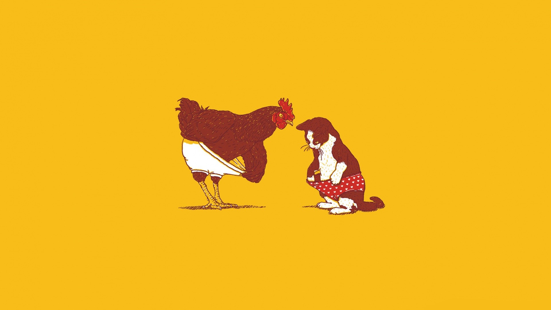 Chicken and cat wearing underwear on yellow background HD Wallpaper