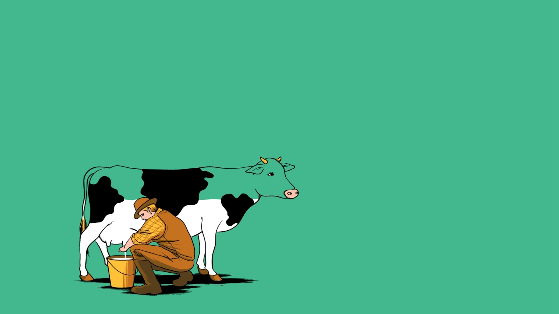 Farmer milking a cow with black and green patches HD Wallpaper