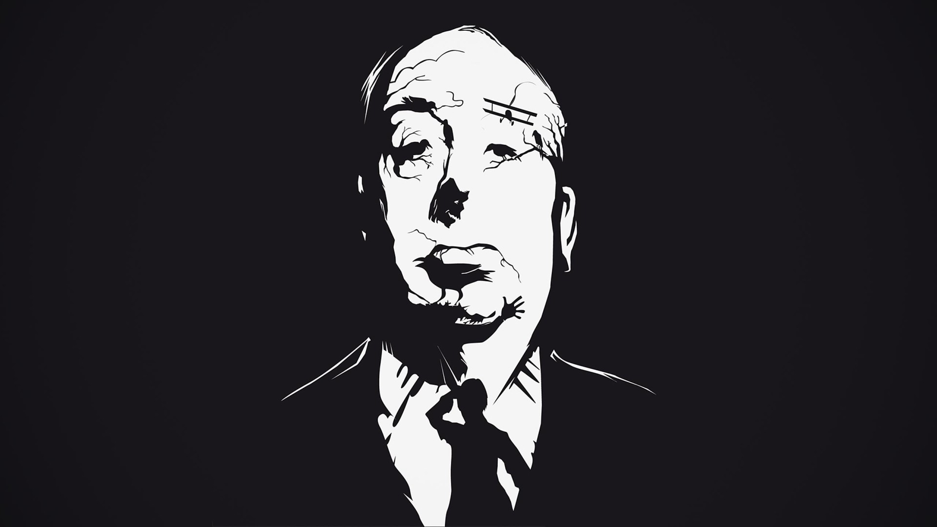Alfred Hitchcock's face with surreal elements HD Wallpaper